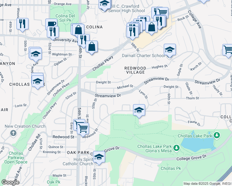 map of restaurants, bars, coffee shops, grocery stores, and more near 5610 Streamview Drive in San Diego