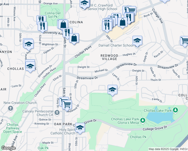 map of restaurants, bars, coffee shops, grocery stores, and more near 5610 Streamview Drive in San Diego