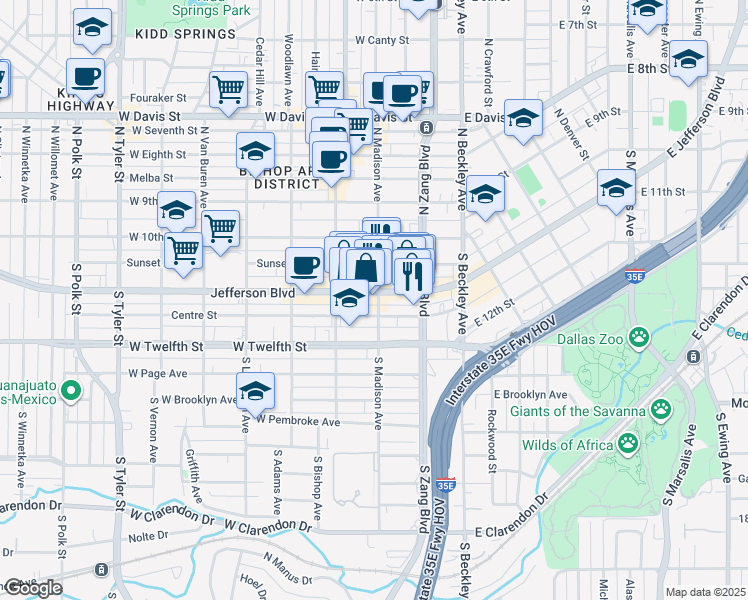 map of restaurants, bars, coffee shops, grocery stores, and more near 300 West Jefferson Boulevard in Dallas