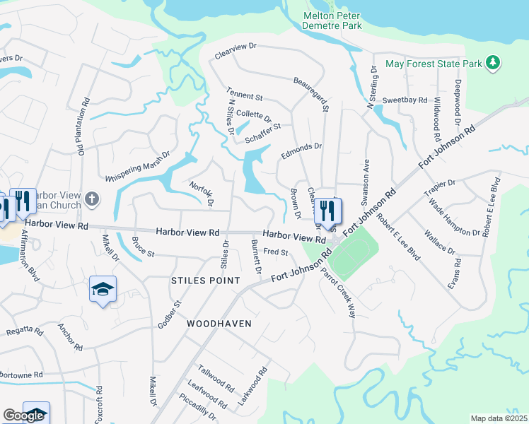 map of restaurants, bars, coffee shops, grocery stores, and more near 676 Ayers Drive in Charleston