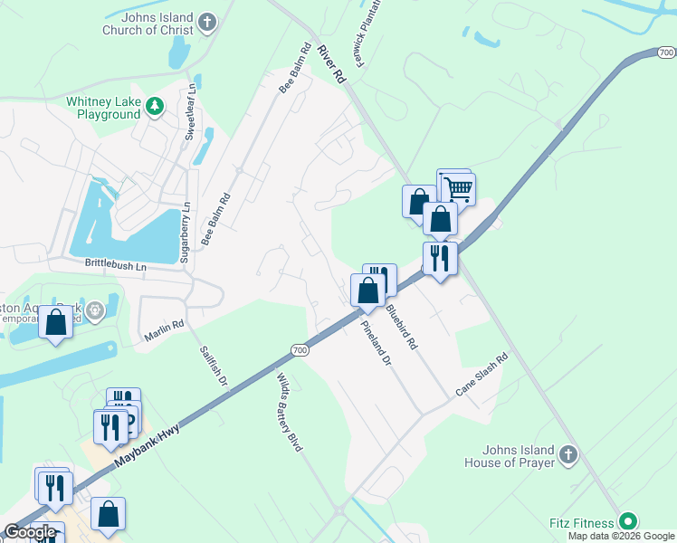 map of restaurants, bars, coffee shops, grocery stores, and more near 1749 Towne Street in Johns Island
