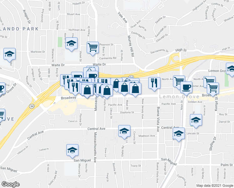 map of restaurants, bars, coffee shops, grocery stores, and more near 3495 Citrus Street in Lemon Grove