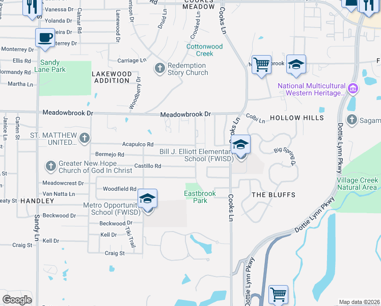 map of restaurants, bars, coffee shops, grocery stores, and more near 7817 Acapulco Road in Fort Worth