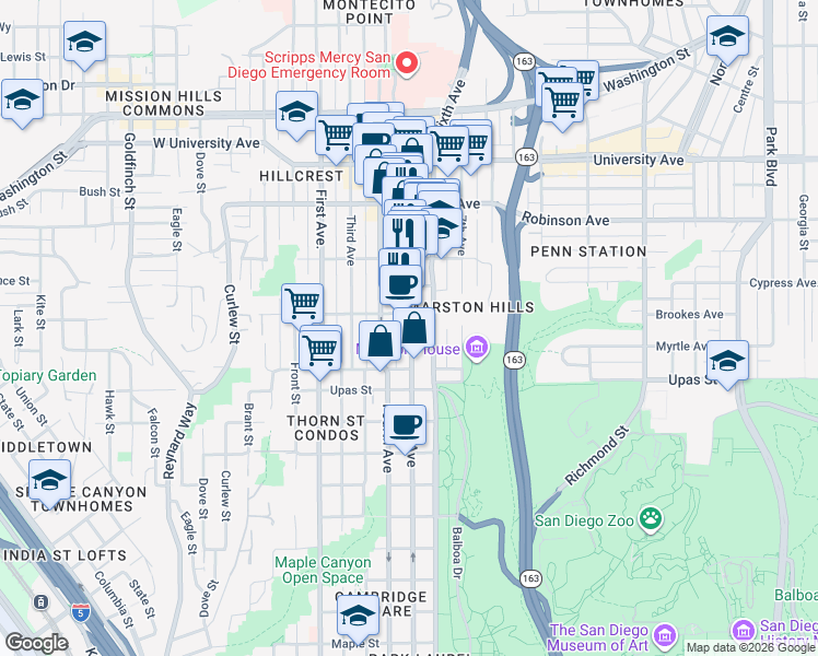 map of restaurants, bars, coffee shops, grocery stores, and more near 3572 Fifth Avenue in San Diego