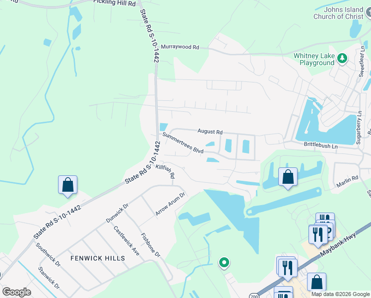 map of restaurants, bars, coffee shops, grocery stores, and more near 2837 August Road in Johns Island