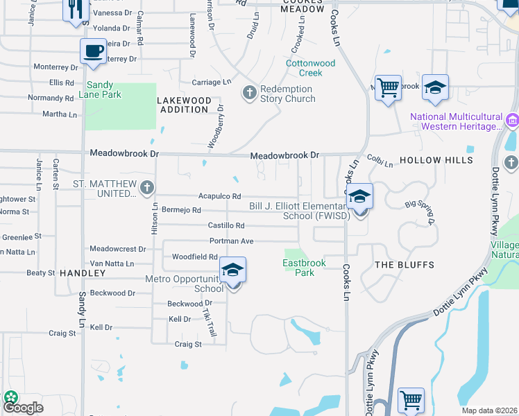 map of restaurants, bars, coffee shops, grocery stores, and more near 7729 Acapulco Road in Fort Worth