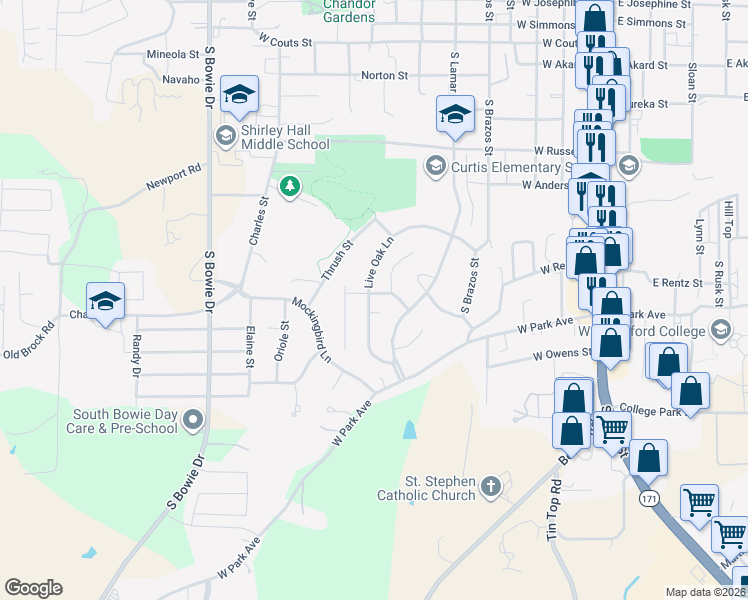 map of restaurants, bars, coffee shops, grocery stores, and more near 206 West Ridge Street in Weatherford