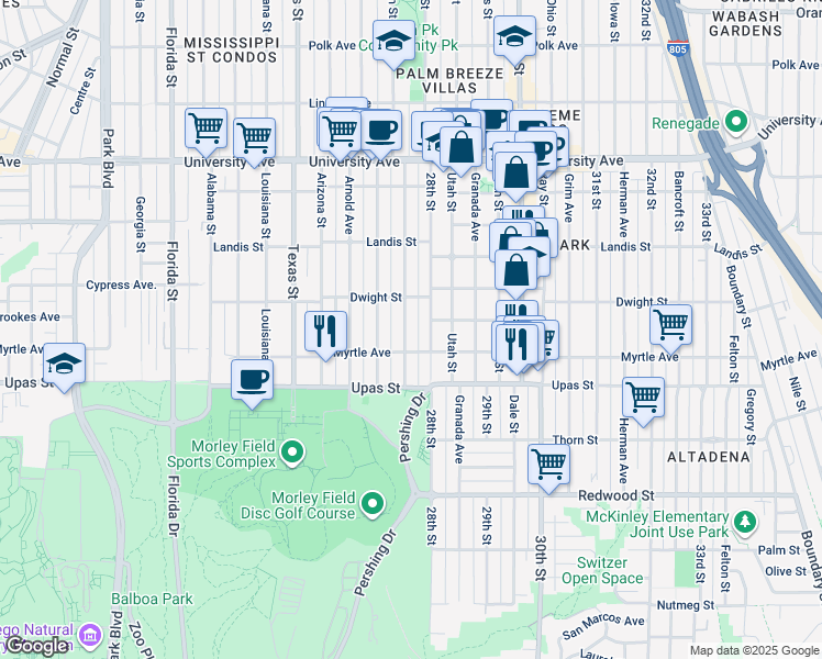 map of restaurants, bars, coffee shops, grocery stores, and more near 3535 Pershing Avenue in San Diego