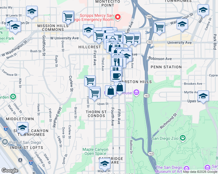 map of restaurants, bars, coffee shops, grocery stores, and more near in San Diego