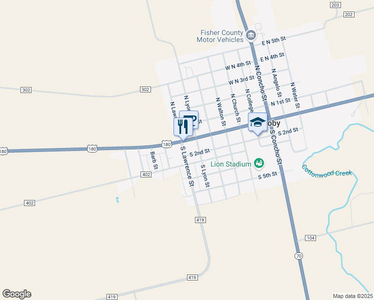 map of restaurants, bars, coffee shops, grocery stores, and more near 605 South 1st Street in Roby