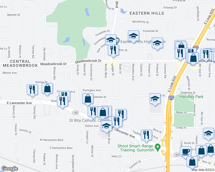 map of restaurants, bars, coffee shops, grocery stores, and more near 2517 Weiler Boulevard in Fort Worth