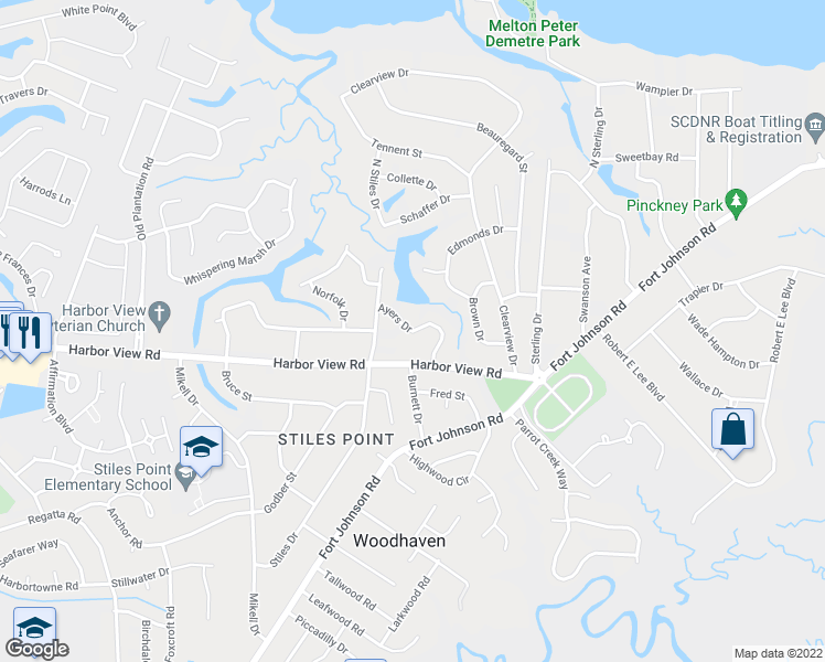 map of restaurants, bars, coffee shops, grocery stores, and more near 677 Ayers Drive in Charleston