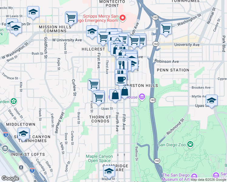 map of restaurants, bars, coffee shops, grocery stores, and more near in San Diego