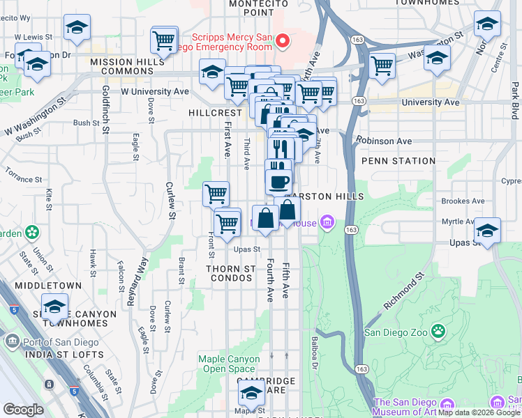 map of restaurants, bars, coffee shops, grocery stores, and more near in San Diego