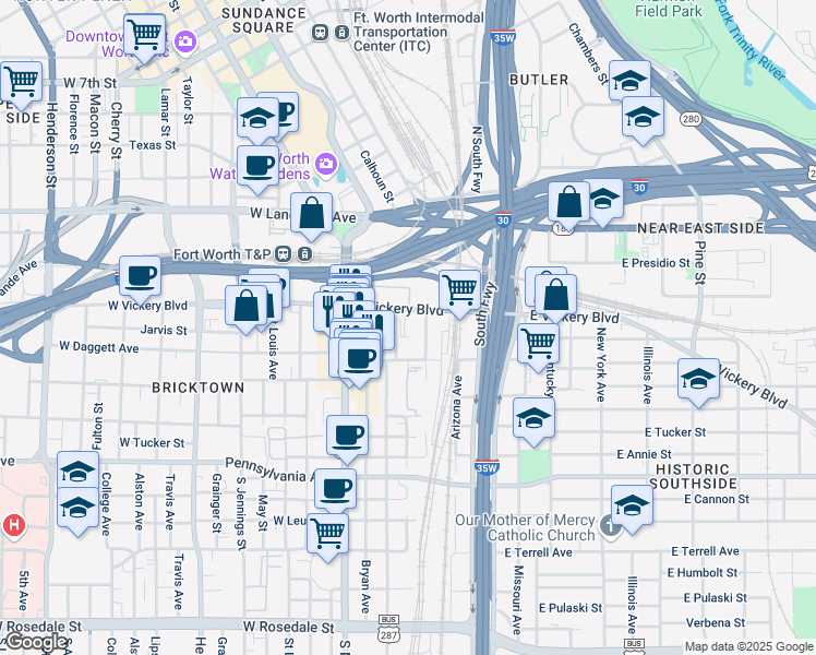 map of restaurants, bars, coffee shops, grocery stores, and more near 237 Industrial Avenue in Fort Worth