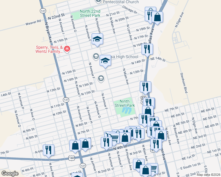map of restaurants, bars, coffee shops, grocery stores, and more near North Houston Avenue in Lamesa