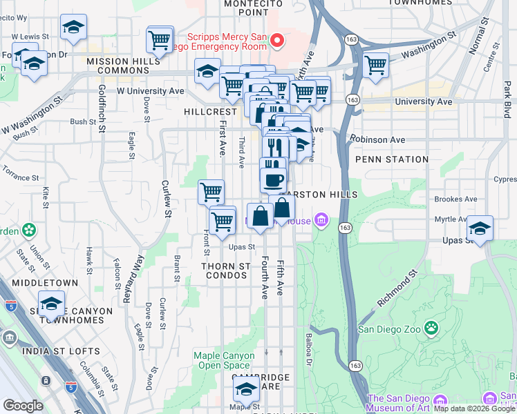 map of restaurants, bars, coffee shops, grocery stores, and more near in San Diego