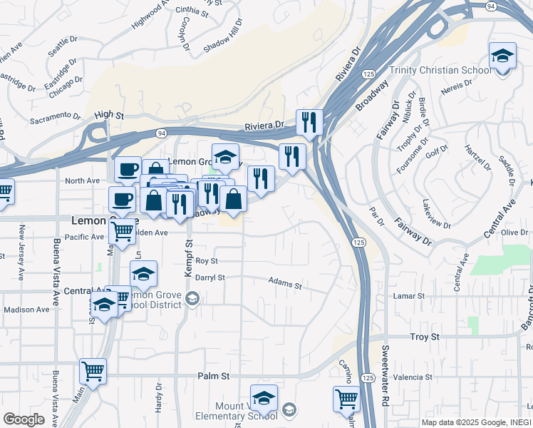 map of restaurants, bars, coffee shops, grocery stores, and more near 8181 Broadway in Lemon Grove
