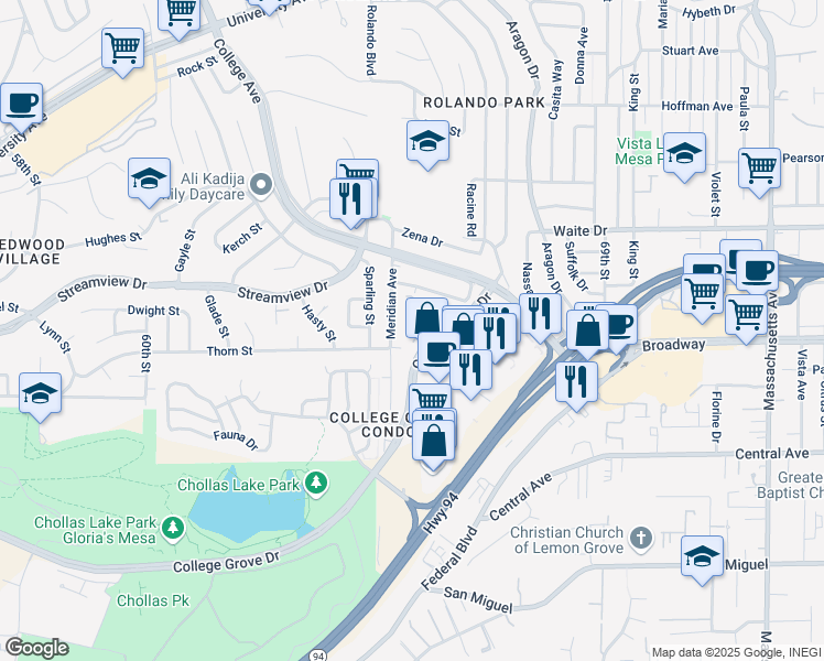 map of restaurants, bars, coffee shops, grocery stores, and more near 6550 College Grove Drive in San Diego