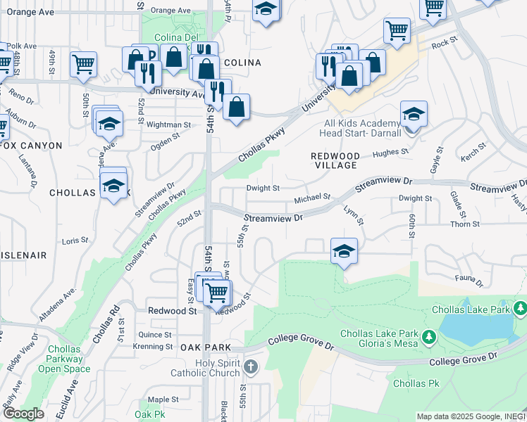 map of restaurants, bars, coffee shops, grocery stores, and more near 5524 Michael Street in San Diego