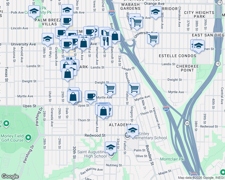 map of restaurants, bars, coffee shops, grocery stores, and more near 3583 32nd Street in San Diego