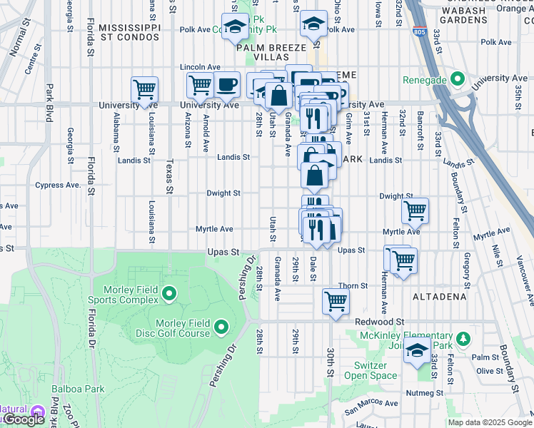map of restaurants, bars, coffee shops, grocery stores, and more near 3563 28th Street in San Diego