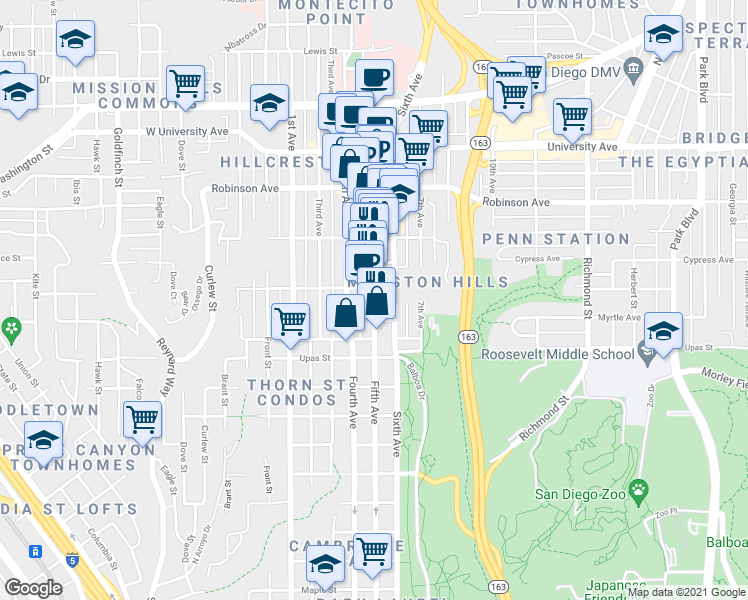 map of restaurants, bars, coffee shops, grocery stores, and more near 3580 Fifth Avenue in San Diego