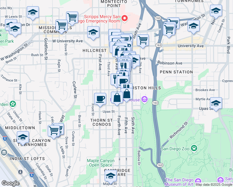 map of restaurants, bars, coffee shops, grocery stores, and more near in San Diego