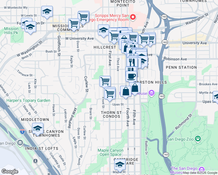 map of restaurants, bars, coffee shops, grocery stores, and more near 3605 1st Avenue in San Diego