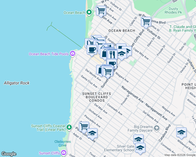 map of restaurants, bars, coffee shops, grocery stores, and more near 4873 Narragansett Avenue in San Diego