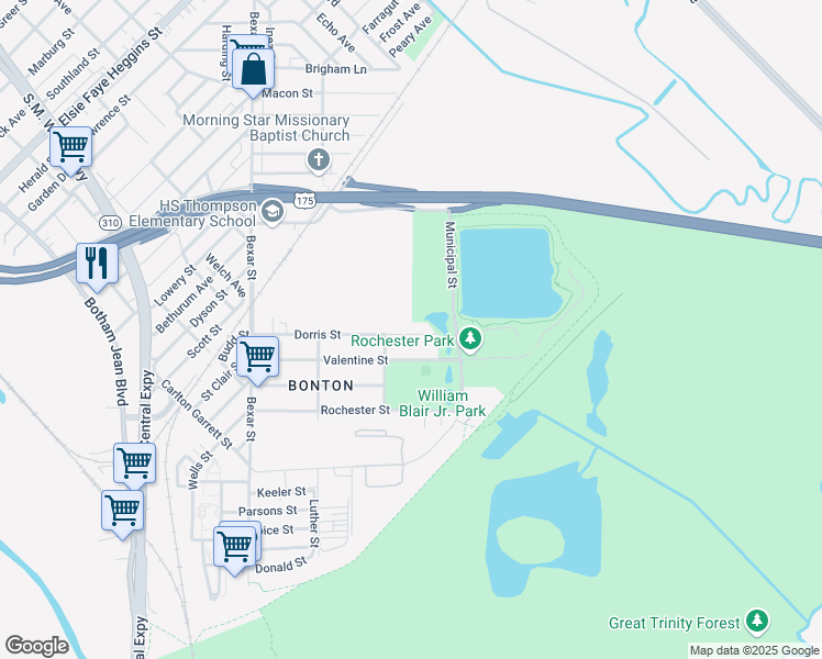 map of restaurants, bars, coffee shops, grocery stores, and more near 3029 Dorris Street in Dallas