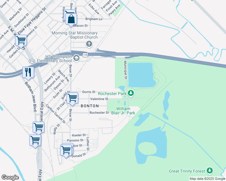 map of restaurants, bars, coffee shops, grocery stores, and more near 3029 Dorris Street in Dallas