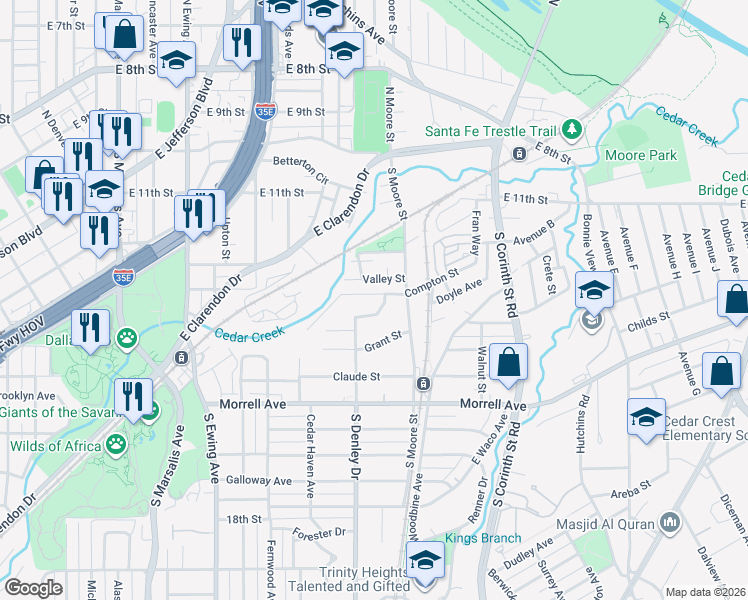 map of restaurants, bars, coffee shops, grocery stores, and more near 1338 Valley Street in Dallas