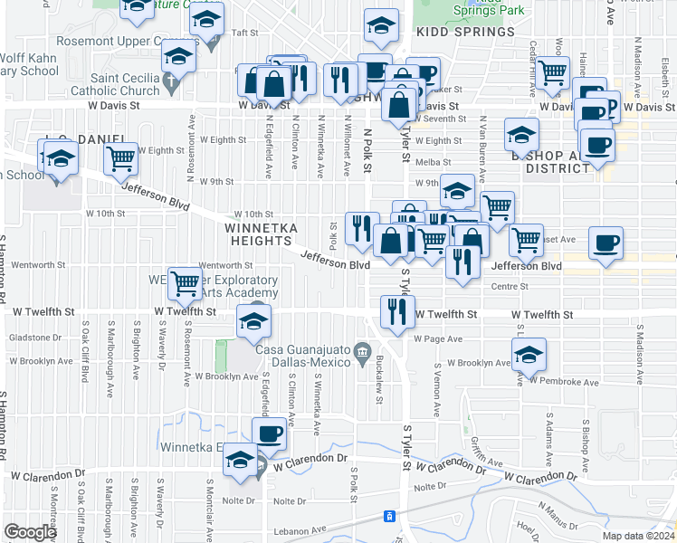 map of restaurants, bars, coffee shops, grocery stores, and more near 1121 West Jefferson Boulevard in Dallas