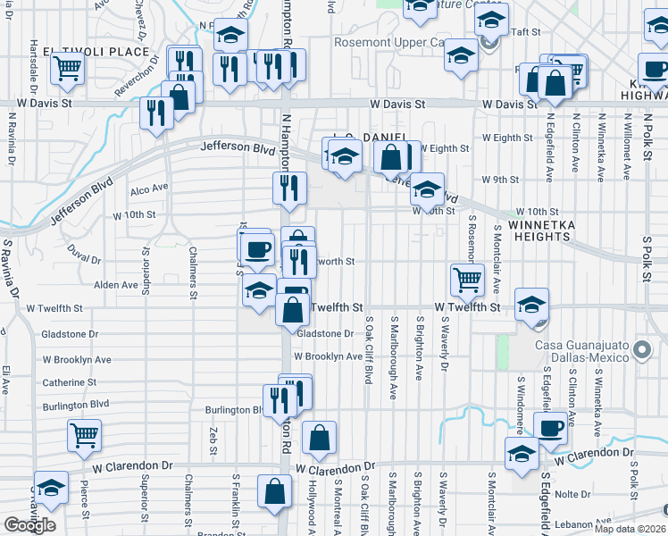map of restaurants, bars, coffee shops, grocery stores, and more near 220 Hollywood Avenue in Dallas