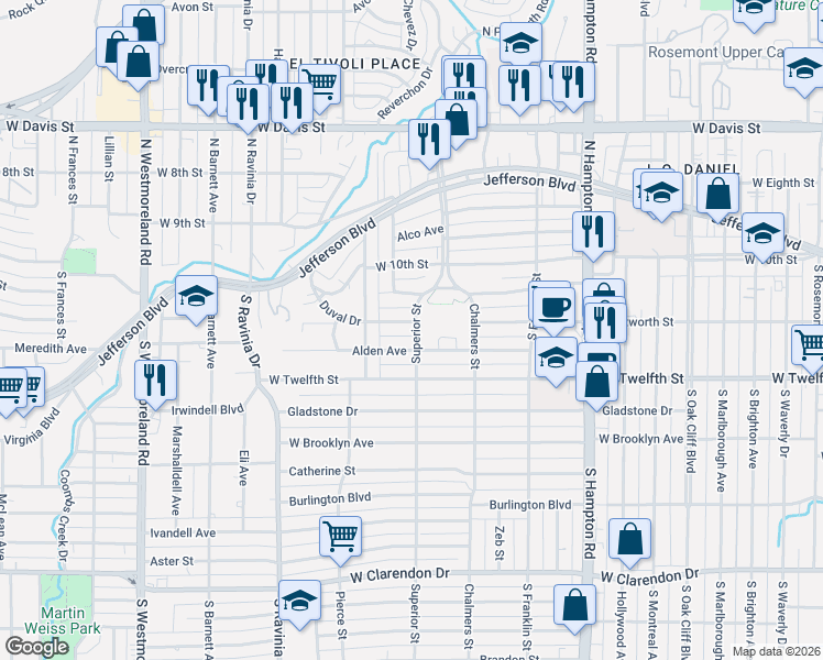 map of restaurants, bars, coffee shops, grocery stores, and more near 2711 Duval Drive in Dallas