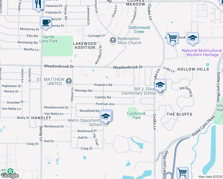 map of restaurants, bars, coffee shops, grocery stores, and more near 7729 Acapulco Road in Fort Worth