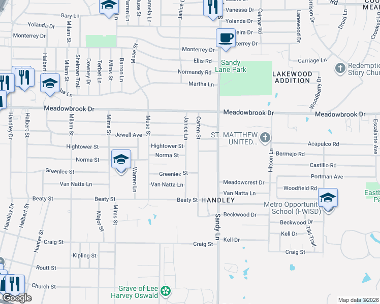 map of restaurants, bars, coffee shops, grocery stores, and more near 2501 Janice Lane in Fort Worth