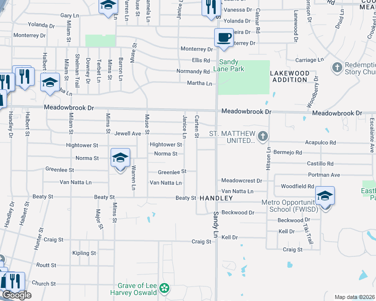 map of restaurants, bars, coffee shops, grocery stores, and more near 2501 Janice Lane in Fort Worth
