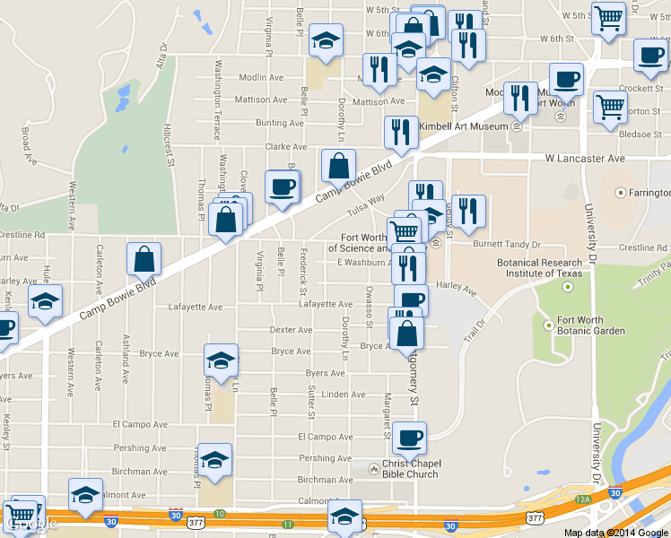 map of restaurants, bars, coffee shops, grocery stores, and more near 3812 Washburn Avenue in Fort Worth