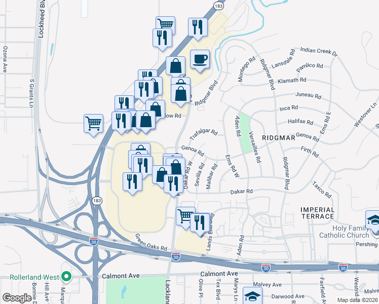map of restaurants, bars, coffee shops, grocery stores, and more near 1605 Trafalgar Road in Fort Worth