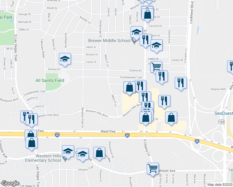 map of restaurants, bars, coffee shops, grocery stores, and more near 8008 Emerald Crest Drive in White Settlement