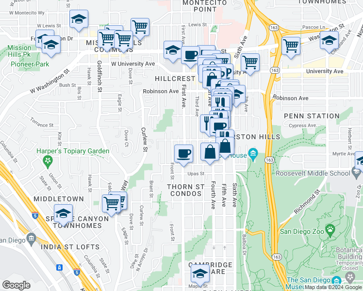 map of restaurants, bars, coffee shops, grocery stores, and more near 3605 1st Avenue in San Diego