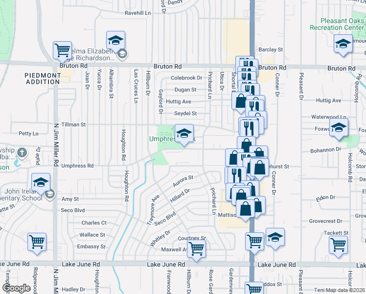 map of restaurants, bars, coffee shops, grocery stores, and more near 7700 Umphress Road in Dallas