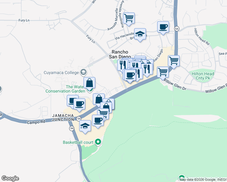 map of restaurants, bars, coffee shops, grocery stores, and more near 12190 Cuyamaca College Drive East in El Cajon