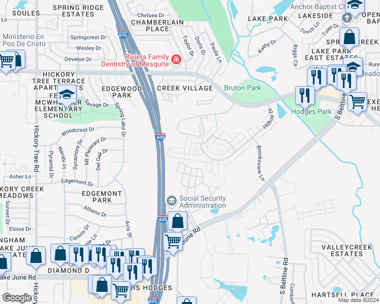 map of restaurants, bars, coffee shops, grocery stores, and more near 2404 Bluffview Dr in Balch Springs