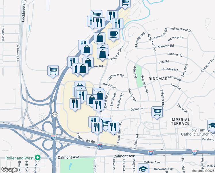 map of restaurants, bars, coffee shops, grocery stores, and more near 1605 Trafalgar Road in Fort Worth