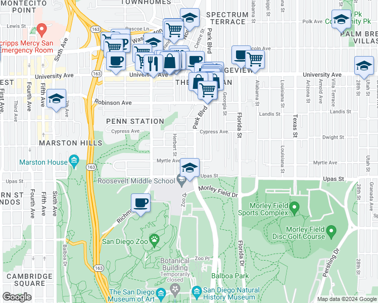 map of restaurants, bars, coffee shops, grocery stores, and more near 3550 Park Boulevard in San Diego