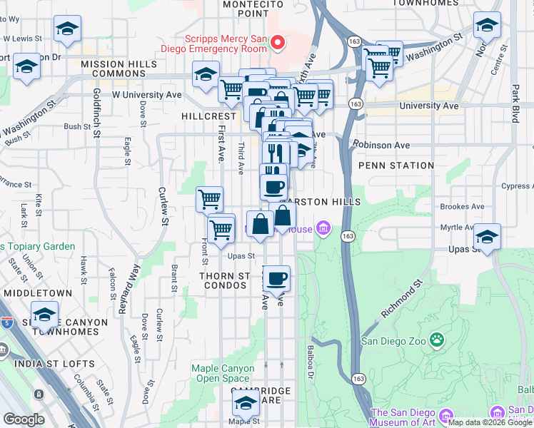 map of restaurants, bars, coffee shops, grocery stores, and more near 3580 Fifth Avenue in San Diego