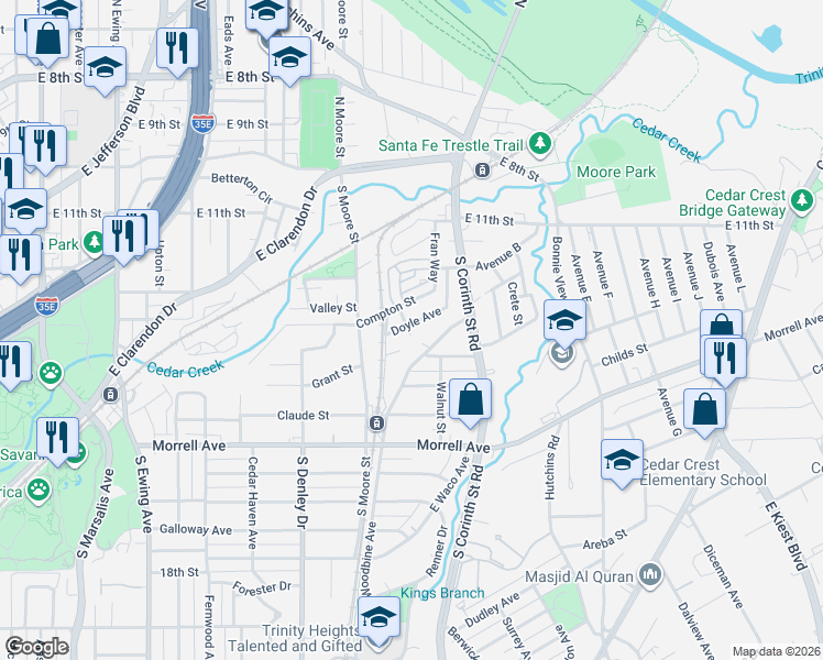map of restaurants, bars, coffee shops, grocery stores, and more near 1515 Doyle Avenue in Dallas